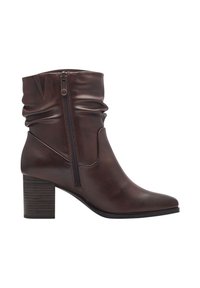 Bottines en cuir marron avec un design délicat, fermeture éclair sur le côté, bout pointu et un solide talon en bois. Texture lisse.