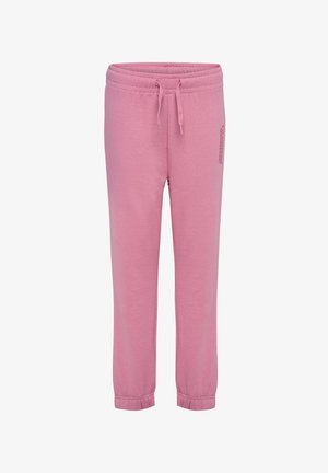 Roze joggingbroek gemaakt van zacht stof, met een elastische tailleband met trekkoord, taps toelopende boorden en een zijlogo detail.