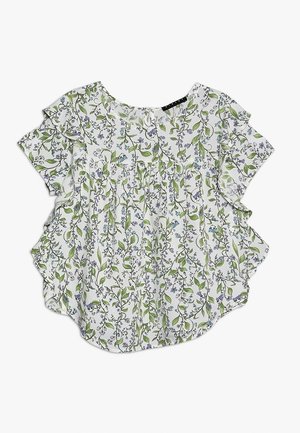 Biała bluzka z krótkim rękawem, z zielonym i fioletowym kwiatowym wzorem winorośli oraz falbankami na rękawach i brzegach.