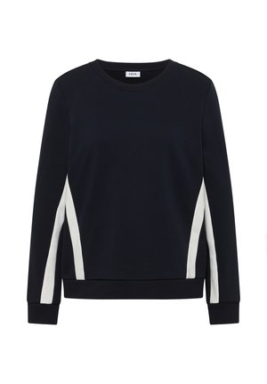 Sweatshirt noir à manches longues avec des rayures verticales blanches sur les côtés et les manches, col rond, poignets et ourlet côtelés.