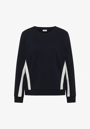 Černá mikina s dlouhým rukávem s bílými svislými pruhy podél stran a rukávů, kulatým výstřihem a žebrovanými manžetami a lemem.