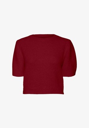 Punane kudum lühikeste varrukatega sviiter ümmarguse kaelusega. Ribakujuline tekstuur ja veidi lühendatud alläär. Ahnuseta viimistlus, ilma nähtavate mustrite või aksessuaarideta.