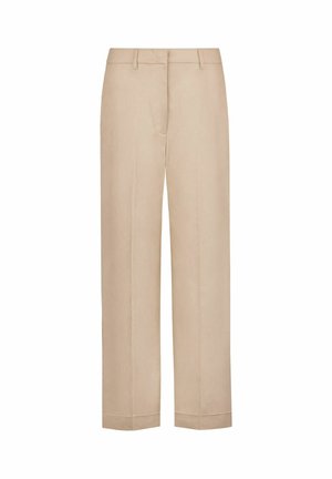 Beige rechte broek met riemlussen, een ritssluiting aan de voorkant en omgeslagen zomen, geschikt voor formele of business casual kleding.