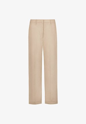 Beige bukser med lige ben, bæltestropper, foran lynlås og opsmøgede kanter, velegnet til formelt eller business casual tøj.