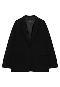 Black blazer made from a smooth fabric, featuring a single button closure, notched lapels, and two front pockets. Tailored fit with long sleeves.