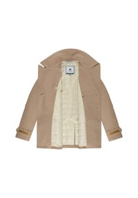 Cappotto di lana beige con un ampio colletto, rivestimento isolante crema, dettagli con bottoni sulle maniche e due tasche anteriori.