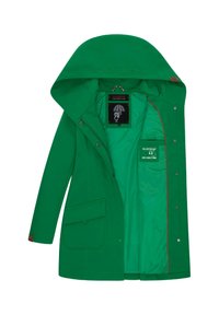 Green waterproof jacket with a large hood, snap buttons, two front pockets, and red interior lining. Features a brand label on the inside.