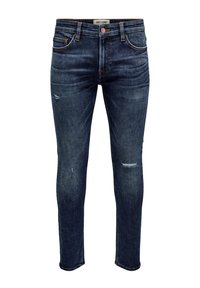 Blugi din denim albastru închis, cu o croială slim, prezentând o ușoară decolorare, uzură discretă și un design clasic cu cinci buzunare. Accesorii cu butoane din cupru.