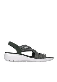 Sandalo in tessuto intrecciato nero e grigio con suola bianca imbottita, dotato di una fascetta di accento verde e design open-toe.