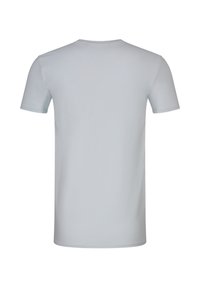 T-shirt gris clair uni à manches courtes, vue de dos, avec un col rond, sur fond blanc.