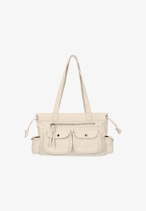 Kremowa skórzana torebka z dwoma przednimi kieszeniami, zamkiem błyskawicznym u góry oraz podwójnymi paskami na ramię. Posiada fakturowaną powierzchnię i boczne sznurki do ściągania.