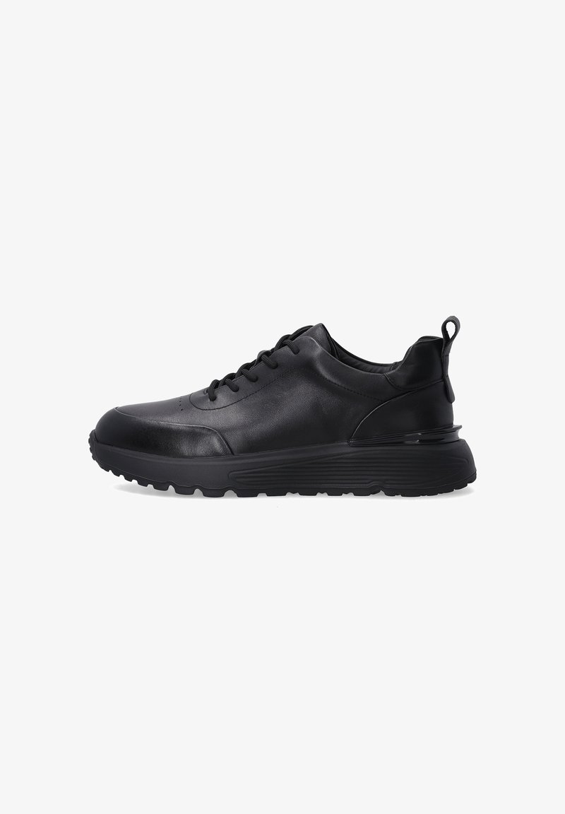 Black leather sneaker with a smooth finish, round toe, padded collar, and textured rubber sole. Lace-up design with a rear pull tab.