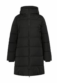 Schwarze Pufferjacke mit Kapuze, mit durchgehendem Reißverschluss, gestepptem Design, seitlichen Taschen und elastischen Bündchen. Weiche, glatte Textur.