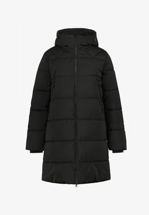 Schwarze Pufferjacke mit Kapuze, mit durchgehendem Reißverschluss, gestepptem Design, seitlichen Taschen und elastischen Bündchen. Weiche, glatte Textur.