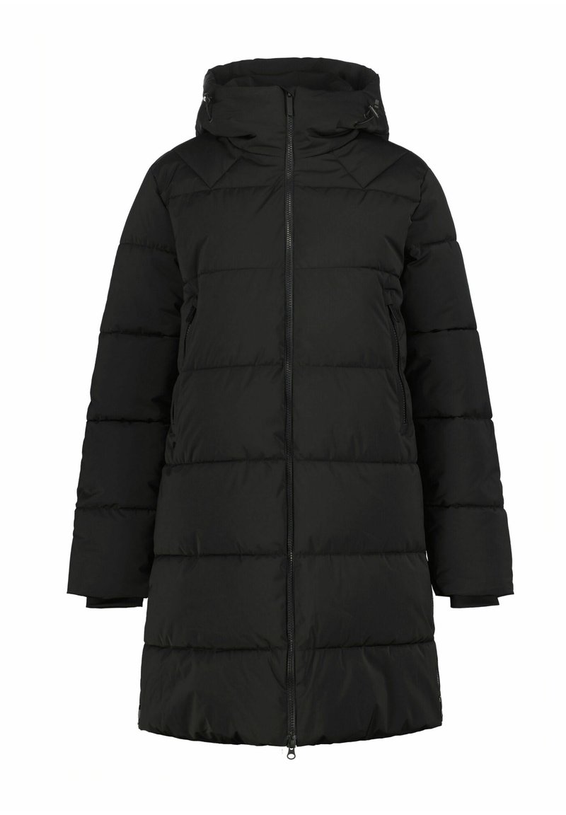 Schwarze Pufferjacke mit Kapuze, mit durchgehendem Reißverschluss, gestepptem Design, seitlichen Taschen und elastischen Bündchen. Weiche, glatte Textur.