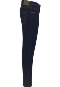 Dunkelblaue Skinny-Jeans aus Denim mit oranger Naht, einem Lederpatch auf der Rückseite und einem kleinen roten Logotag auf der Gesäßtasche.