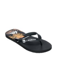 Zwarte teenslippers met gestructureerde zolen, met een levendig oranje en zwart tropisch patroon op het voetbed. Quiksilver-logo op de band.