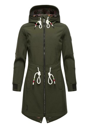 Veste à capuche vert olive avec fermeture éclair complète, cordons de serrage, deux poches latérales et doublure intérieure à motif. Présente un ourlet évasé et des poignets élastiques.