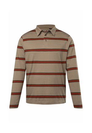 Langärmliges Poloshirt in Beige mit roten und dunkelgrünen horizontalen Streifen, ausgestattet mit einem Kragen und einer Zwei-Knopf-Leiste.