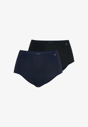 Kaksi yksiväristä naisten korkeavyötäröistä alushousua laivastonsinisinä ja mustina, molemmissa pieni kukkakuvio lähellä vyötäröä.