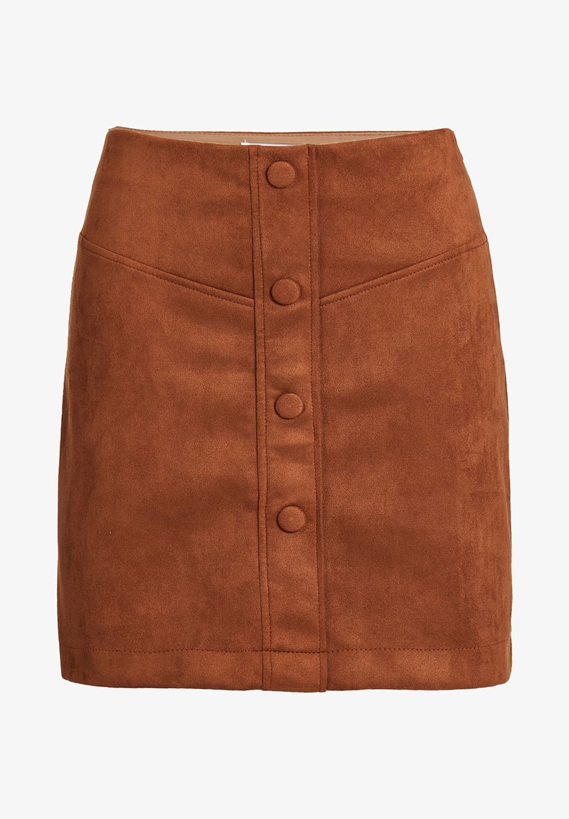 Hnědá nubuková sukně s přiléhavým střihem, s předním zapínáním na knoflíky a dvěma šikmými švy v oblasti pasu, hladká textura po celé ploše.