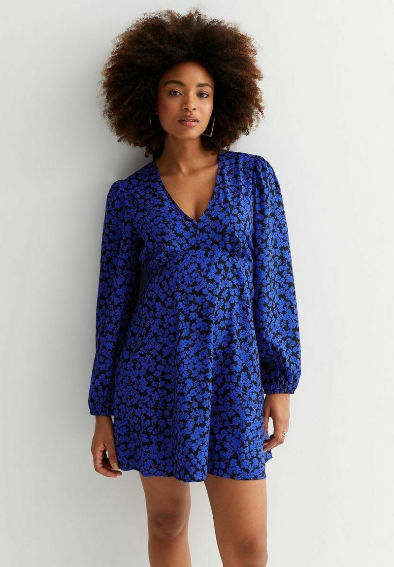 New Look FLORAL V NECK LONG SLEEVE MINI Jurk black pattern