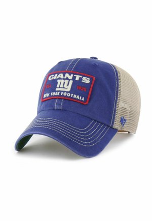 Blue and beige mesh baseball cap with "Giants NY New York Football Est. 1925" patch on the front and contrast white stitching on the brim.
