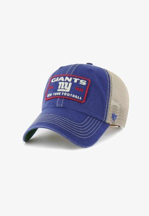 Blauer und beiger Basecap aus Mesh mit einem Aufnäher vorne mit der Aufschrift "Giants NY New York Football Est. 1925" sowie kontrastierenden weißen Nähten am Schirm.