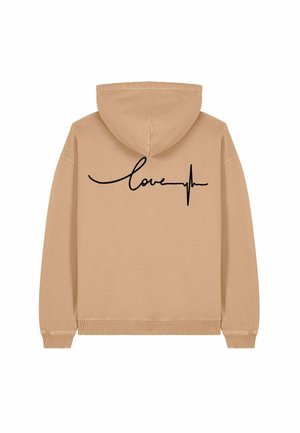 Beige hoodie van een katoenmix. Heeft een zwart 'love' tekst met een hartslaglijn grafiek op de achterkant. Verstelbare capuchon en gebreide manchetten.