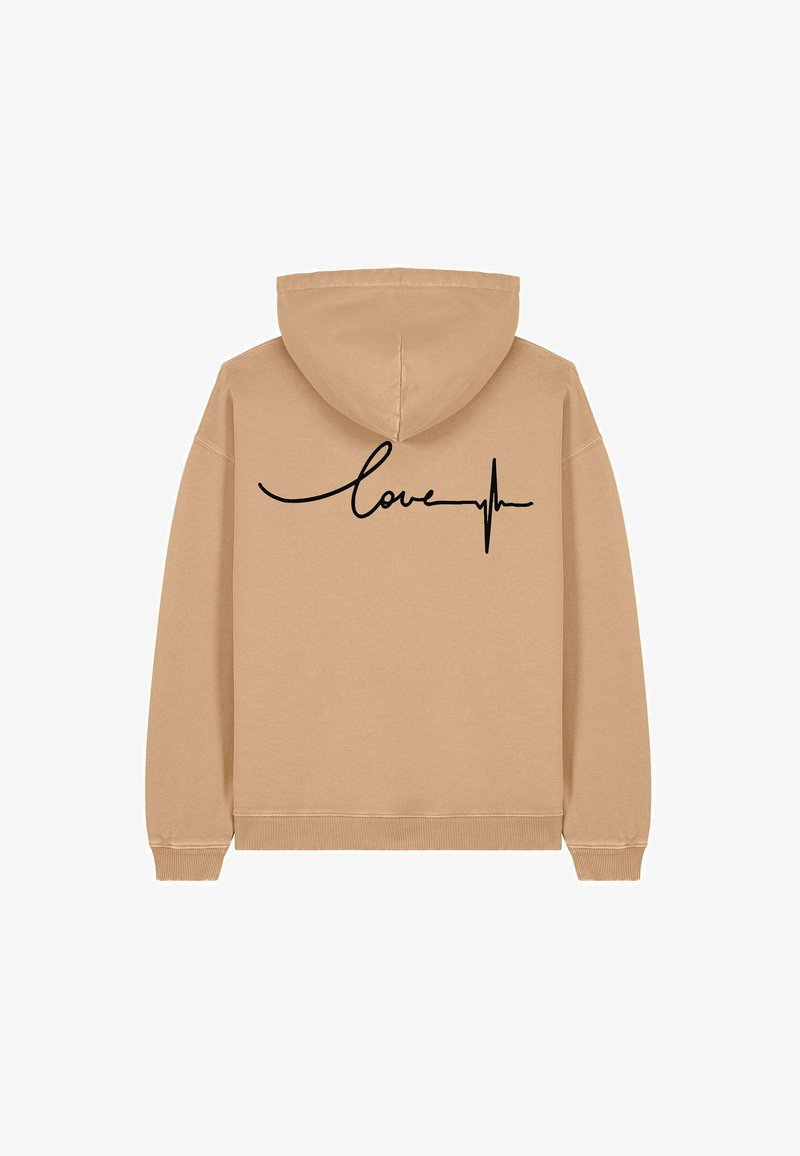 Haut à capuche beige en mélange de coton. Présente un texte noir "love" avec un graphique de ligne de fréquence cardiaque au dos. Capuche réglable et poignets côtelés.