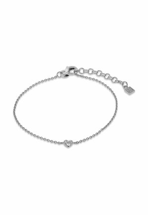 Fin sølvkædearmbånd med en lille hjerteformet vedhæng i midten og en justerbar lås med forlængelsesled.