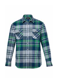 Camicia a maniche lunghe da uomo a quadri in blu, verde e grigio. Presenta chiusura frontale con bottoni, due tasche sul petto e una vestibilità regolare. Materiale in cotone.