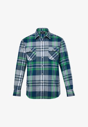 Męska koszula w kratę z długim rękawem w kolorze niebieskim, zielonym i szarym. Posiada zapięcie na guziki, dwie kieszenie na piersi oraz regularny krój. Wykonana z bawełny.