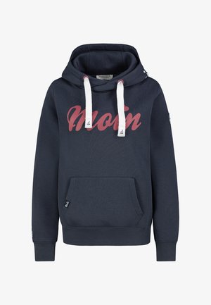 Navy-Hoodie mit weißen Kordeln und einer Vorderentasche. Mit "Moin" in großen burgunderfarbenen Buchstaben. Weicher Stoff, gerippte Bündchen und Saum.