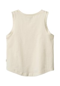 Hellbeige ärmelloses Top aus weichem Baumwollstoff mit rundem Kragen und geradem Saum. Glatte Textur, einfaches Design, keine Muster oder Grafiken.