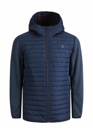 Marineblauwe gewatteerde hoodie met een gladde, contrasterende mouwen. Beschikt over een volledige rits, twee zijzakken en een logodetail.
