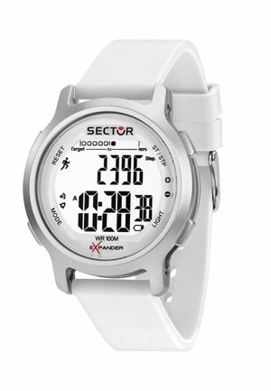 Orologio sportivo digitale con cinturino bianco, cassa argentata, contapassi che mostra 2396 passi e ora 10:28 visualizzata sullo schermo.