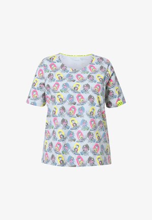 Korte mouwen, ronde hals t-shirt in lichtgrijs. Voorzien van een kleurrijke cartoonprint van figuren met dieren, aangevuld met een neon label op de mouw.