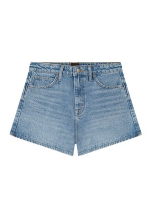 Pantalones cortos de mezclilla azul claro con cierre de botón y cremallera, dos bolsillos frontales, presillas para cinturón y un corte ligeramente acampanado.