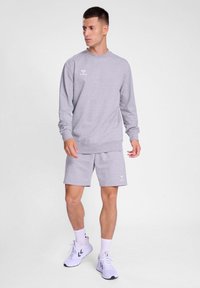 Set di felpa grigia e pantaloni corti realizzato in morbido tessuto. La felpa ha un collo rotondo e polsini a costine; i pantaloni corti presentano una vita elastica.