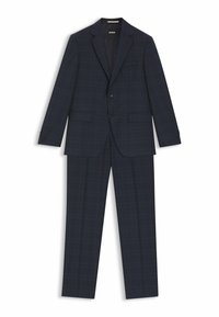 Marineblauer karo Anzug mit abgenähtem Revers, zwei Fronttaschen, Ein-Knopf-Verschluss und passenden Hosen mit Bügelfalte.