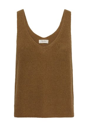 Chaleco de punto marrón sin mangas con cuello en V y una pequeña etiqueta de marca blanca en el interior del cuello.