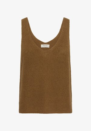 Braune gestrickte ärmellose Sweaterweste mit V-Ausschnitt und einem kleinen weißen Markenetikett innen im Kragen.