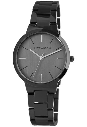 Runde schwarze Metall-Uhr mit einem grau gebürsteten Zifferblatt, silbernen Indexen und einem Gliederarmband. Verfügt über ein minimalistisches Design und Edelstahl-Akzente.