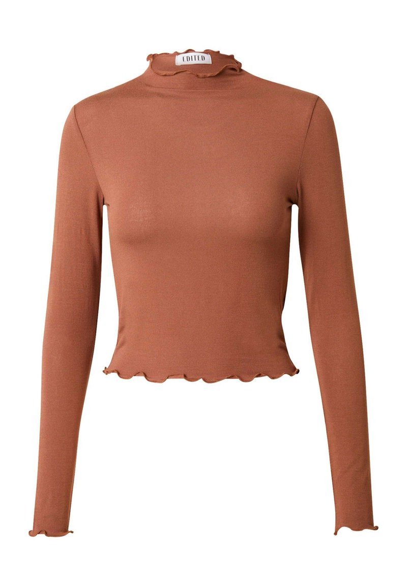 Braunes Langarmoberteil mit einem rüschierten Stehkragen und einem cropped Saum. Hergestellt aus glattem Stoff mit einer taillierten Silhouette und gewellten Kanten.