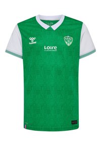 Camisa de fútbol verde con cuello y acentos de mangas en blanco, que presenta un patrón texturizado y logotipos en blanco y verde contrastantes.