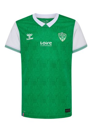 Grön fotbollströja med vit krage och ärmdekorationer, med ett texturerat mönster och logotyper i kontrasterande vitt och grönt.