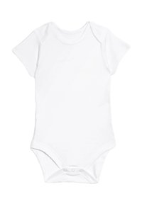 Witte bodysuit met korte mouwen, gemaakt van zachte katoen. Heeft een ronde halslijn en drie drukknoopsluitingen aan de onderkant voor gemakkelijk aan- en uittrekken.