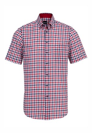 Herrenhemd mit kurzen Ärmeln im rot-weißen und marineblauen Karomuster. Verfügt über einen Kentkragen und eine Brusttasche. Aus Baumwollstoff.