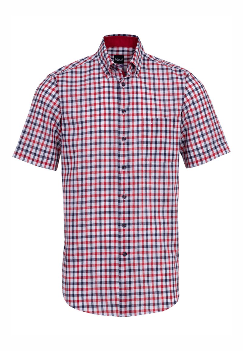 Camicia a maniche corte con bottoni, in un motivo a quadri rosso, bianco e blu navy. Presenta un colletto aperto e una tasca sul petto. Tessuto in cotone.